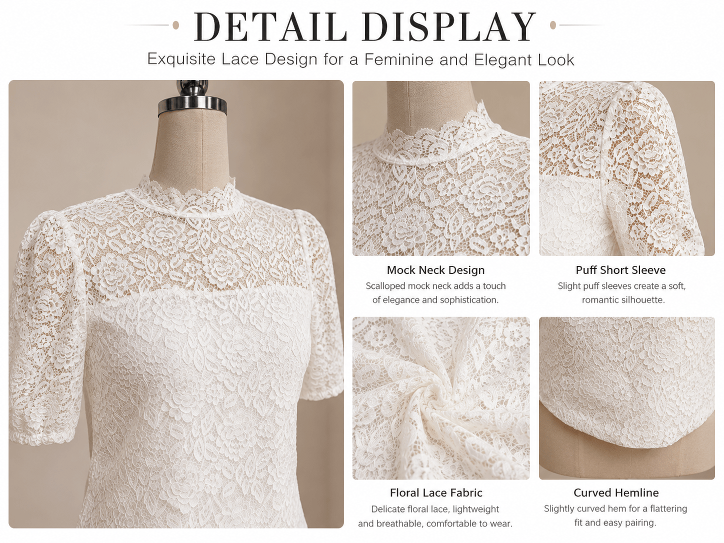 Woven 3——Elegant Floral Lace Mock Neck Blouse Woven 3——Elegant Floral Lace Mock Neck Blouse