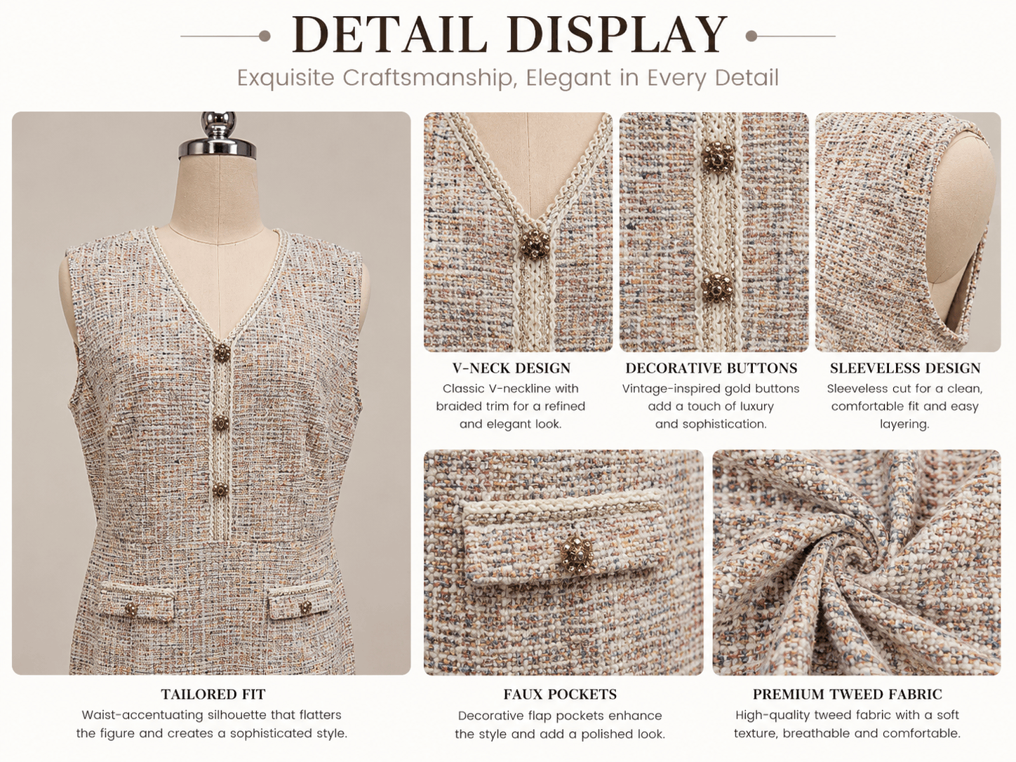 Woven 4——Women's Elegant Tweed Sleeveless Dress Woven 4——Women's Elegant Tweed Sleeveless Dress