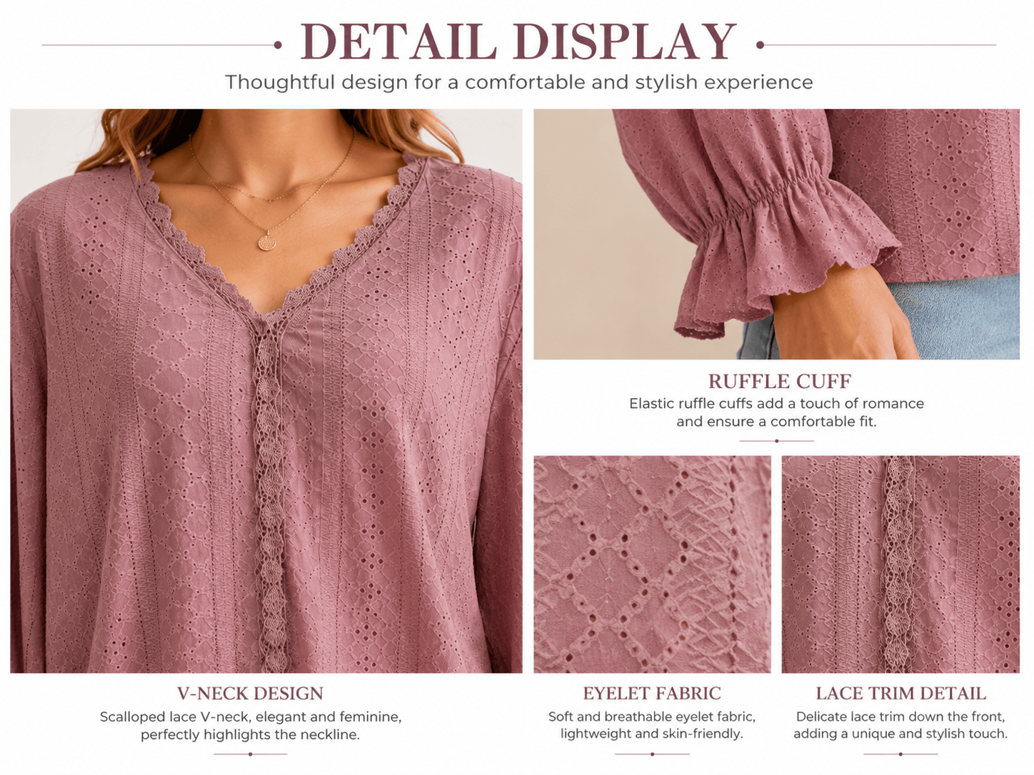 Woven 5——Women's Eyelet Lace V-Neck Blouse Woven 5——Women's Eyelet Lace V-Neck Blouse