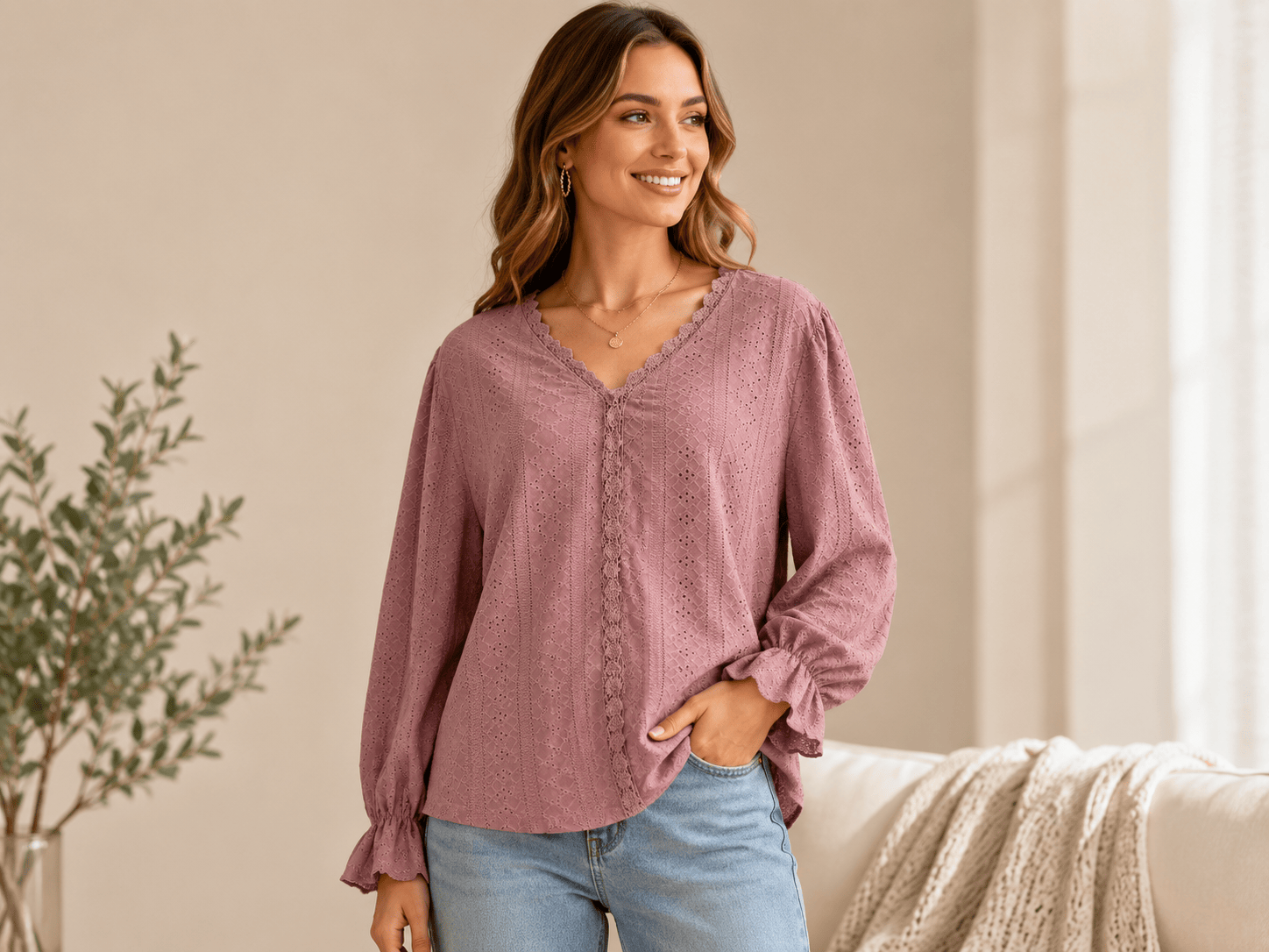 Woven 5——Women's Eyelet Lace V-Neck Blouse