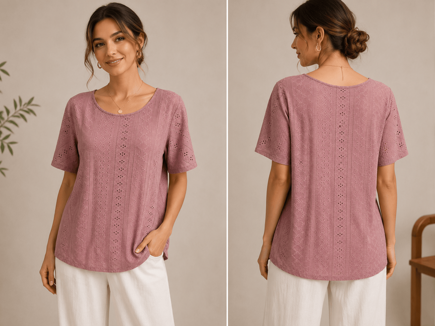 Woven 7——Women's Eyelet Round Neck Short Sleeve Top
