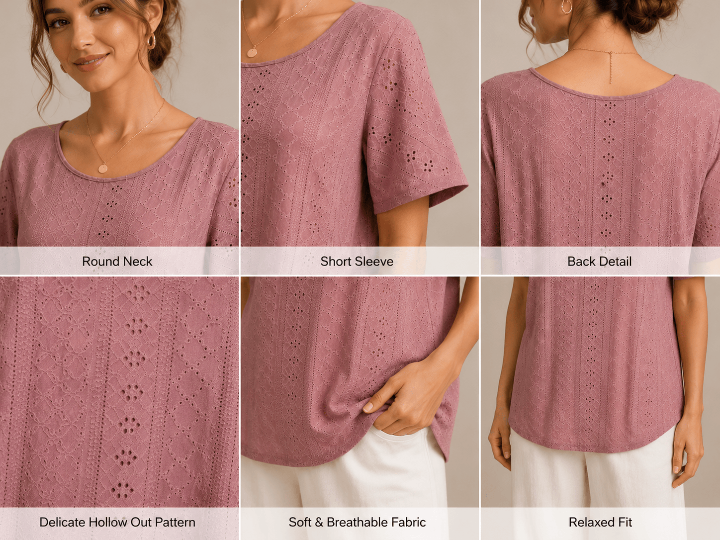 Woven 7——Women's Eyelet Round Neck Short Sleeve Top
