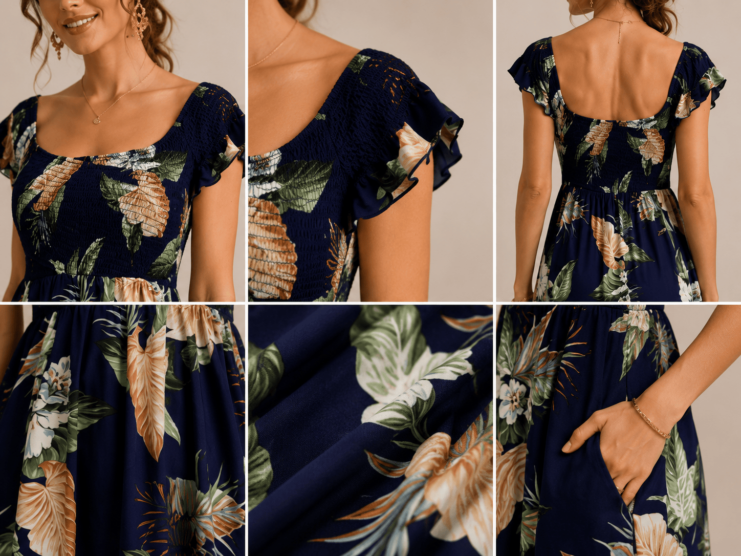 Woven 9——Women's Floral Smocked Midi Dress Woven 9——Women's Floral Smocked Midi Dress