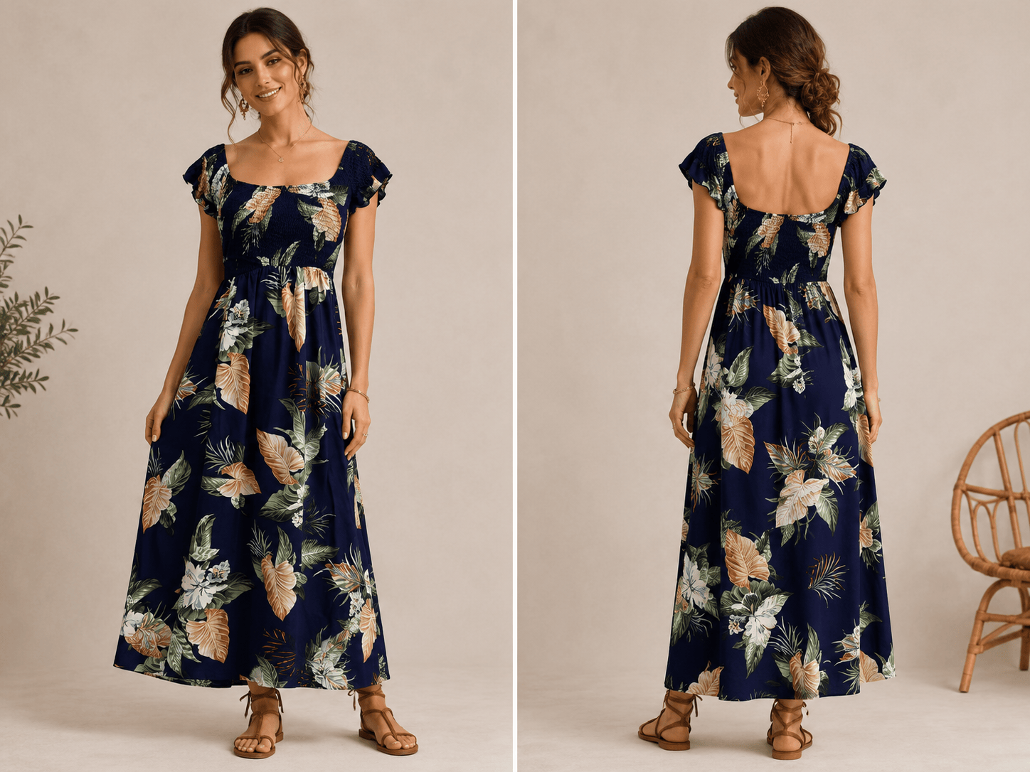 Woven 9——Women's Floral Smocked Midi Dress