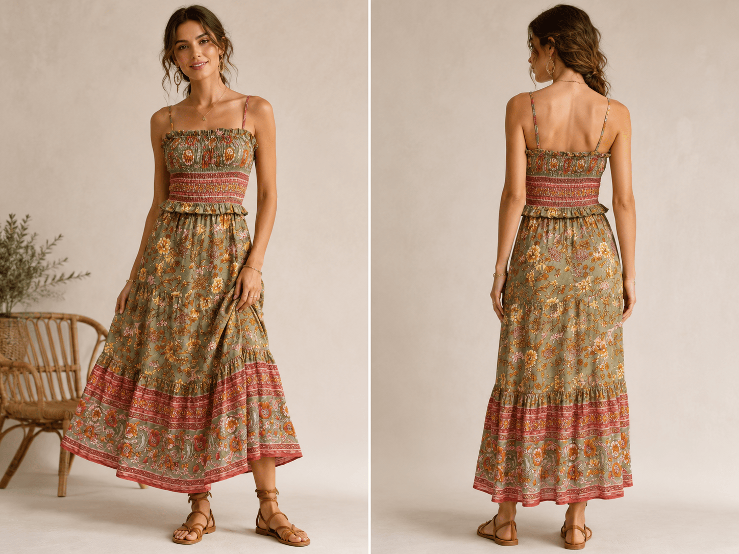 Woven 6——Women's Floral Smocked Spaghetti Strap Maxi Dress