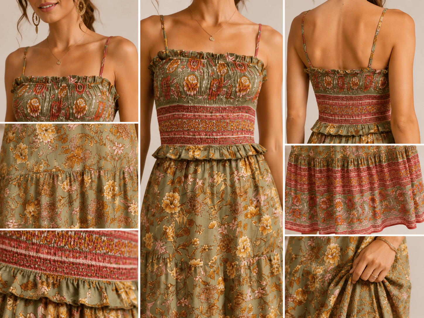 Woven 6——Women's Floral Smocked Spaghetti Strap Maxi Dress